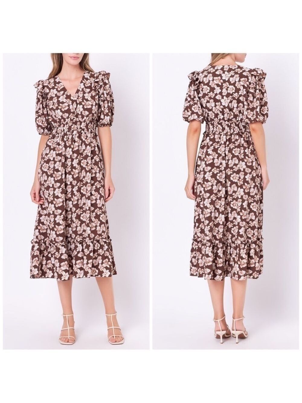 English Factory Crinkled Floral Short Puff Sleeve Brown & Cream Maxi Dress